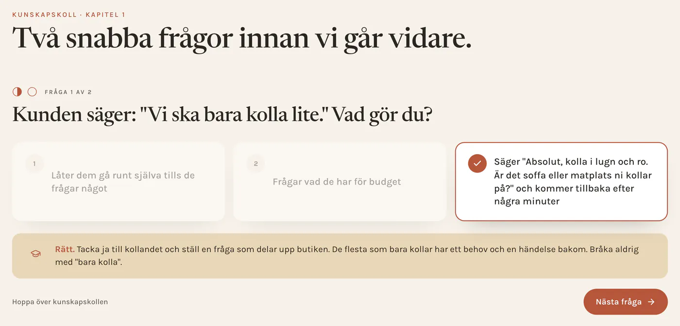 A knowledge check with three answers and an explanation of the right one