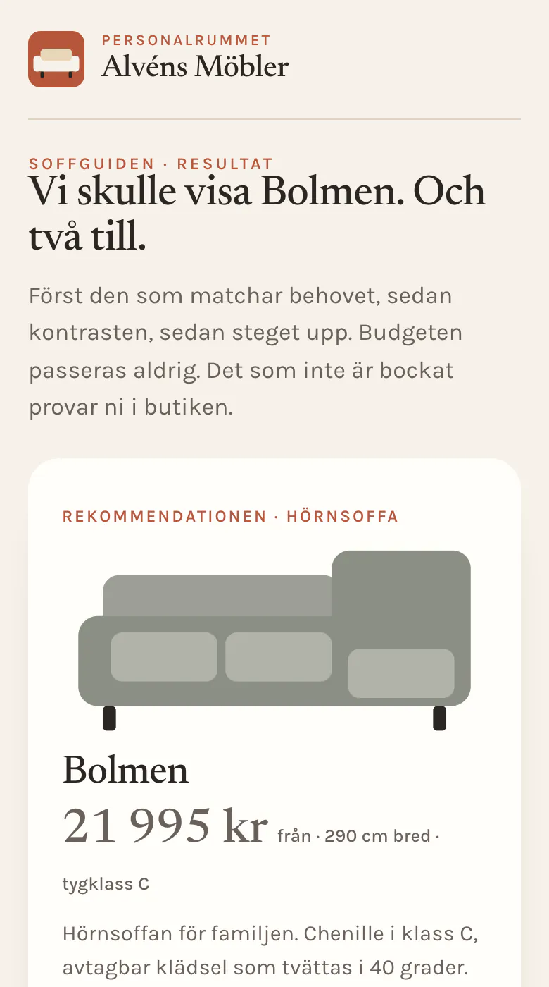 The product guide on a phone suggests a sofa based on the customer's needs